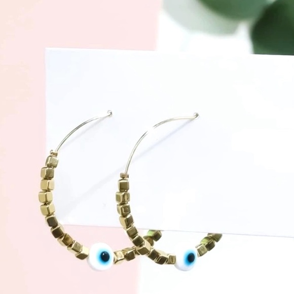 “Sky Blue Evil Eye” Devil’s Eye Nazar Protection Talisman Cube Square Bead Hoops - Picture 2 of 8